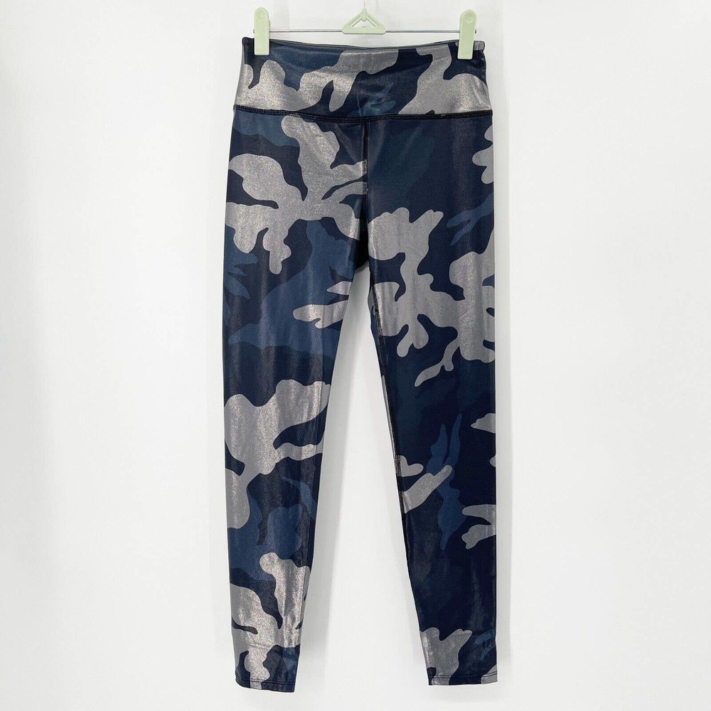 Noli Guerra Metallic Camo Gym Yoga Leggings Sz M Blue Silver‎ Mid Rise Stretch